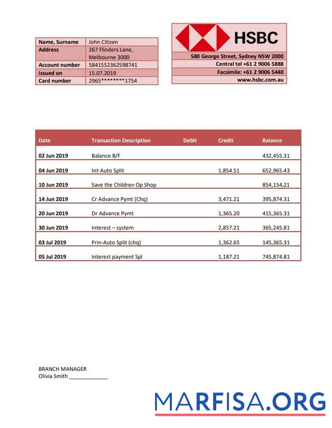 Blank Australia HSBC bank statement example